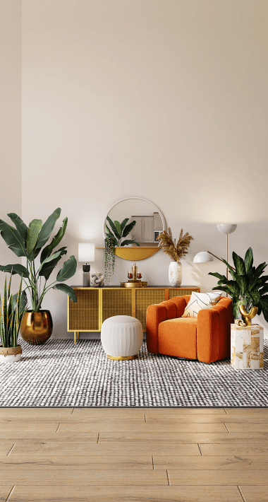 Imagem de uma sala com sofá e plantas